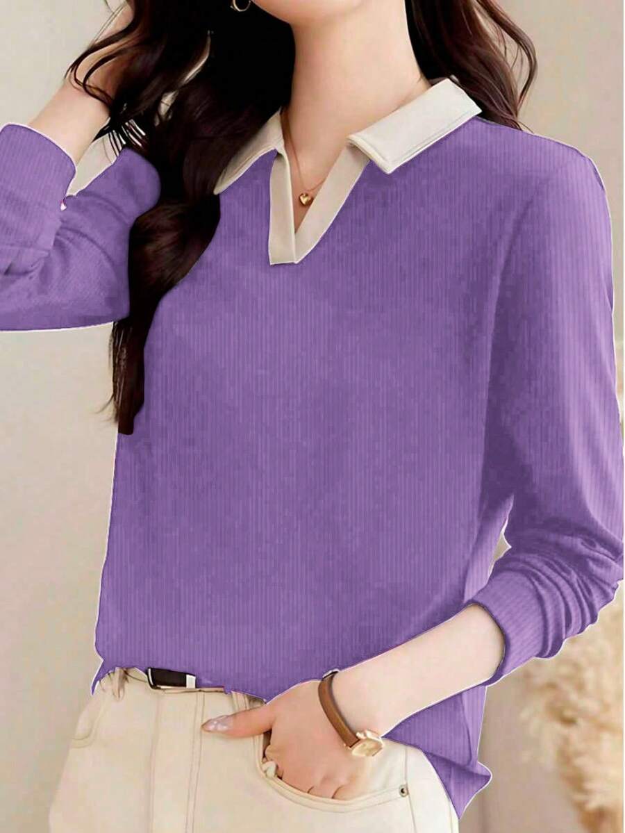 2025新款秋季女式Polo领长袖T恤，时尚外套套头衫，休闲春季款