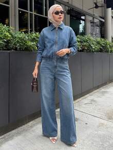 Livesso Women's Denim Jacket With Collar & Zipper And Loose Straight-Leg Jeans Casual Suit - Medium Wash - View 1