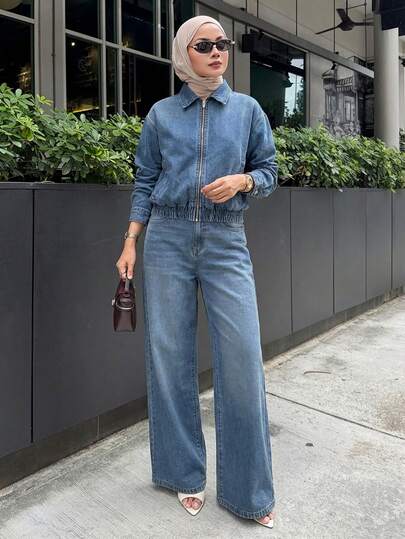 Livesso Women's Denim Jacket With Collar & Zipper And Loose Straight-Leg Jeans Casual Suit