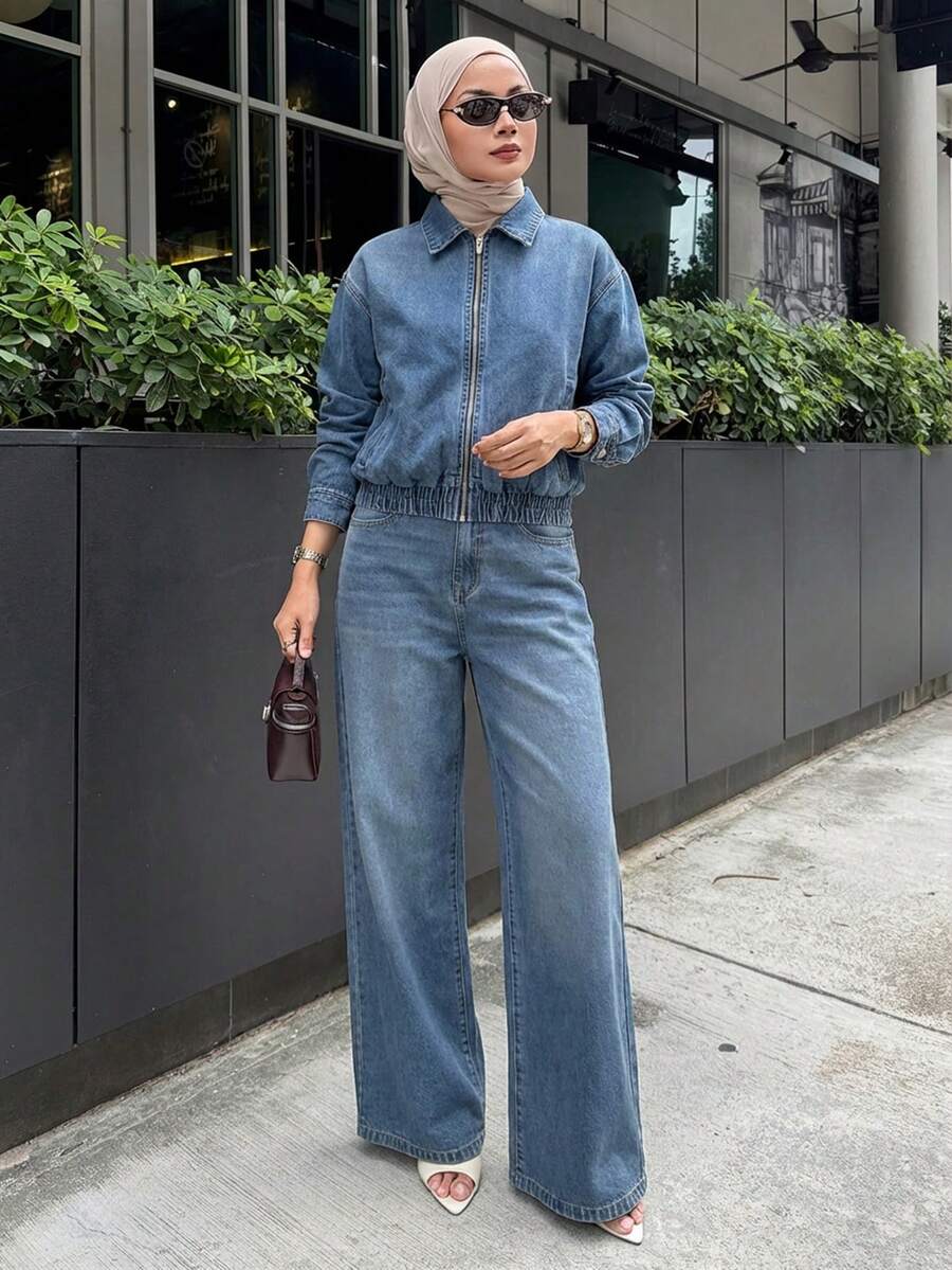 Livesso Women's Denim Jacket With Collar & Zipper And Loose Straight-Leg Jeans Casual Suit - Medium Wash - View 1