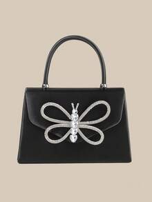1个时尚黑色缎面手拿包，饰有钻石蝴蝶结，优雅女士商务包，适合日常使用，可作手提包/托特包/单肩包/斜挎包，适用于婚礼/派对/舞会/宴会等场合。 - 黑色 - 查看 2