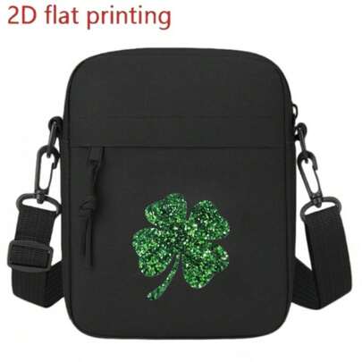 St. Patrick's Day Theme, All Sequin Textured Green Four-Leaf Clover Print Crossbody Bag With Adjustable Strap - Multi-Compartment Shoulder Bag For Daily Commute And Outings, Zipper Closure, Easy To Clean Black Exterior, Perfect Gift For Friends