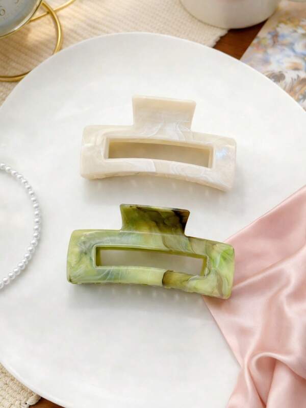 2个/1个 女士白色和绿色大理石纹理方形发爪夹，时尚百搭优雅简约纯色发饰，适合日常、休闲、派对、海滩、度假、发型设计、洗发、化妆、服装配饰，秋冬春夏皆宜