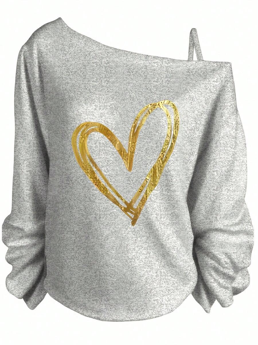 St Patricks Day Women, Gold Heart Graphic Off The Shoulder Sweatshirt, Casual Style With Long Gathered Sleeves, Perfect For Date Night And Spring Outfits-Vacation Outfits Women, Beachwear, Resort Wear, Summer TopsRelaxed Fit-Vacation Outfits Women, Beachwear, Resort Wear, Summer Tops - 灰色 - 查看 1
