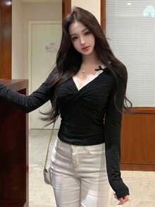 Black Off Shoulder Bowknot Camisole, Unique Design, Slim Fit, Sexy Style, Layering Top For Spring & Autumn - Black - View 1