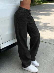 女士加大码复古休闲宽松直筒牛仔裤 黑色 春季款 - 黑色 - 查看 1