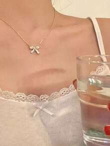 1pc Delicate Minimalist Bow Pendant Necklace For Women - Gold - View 5