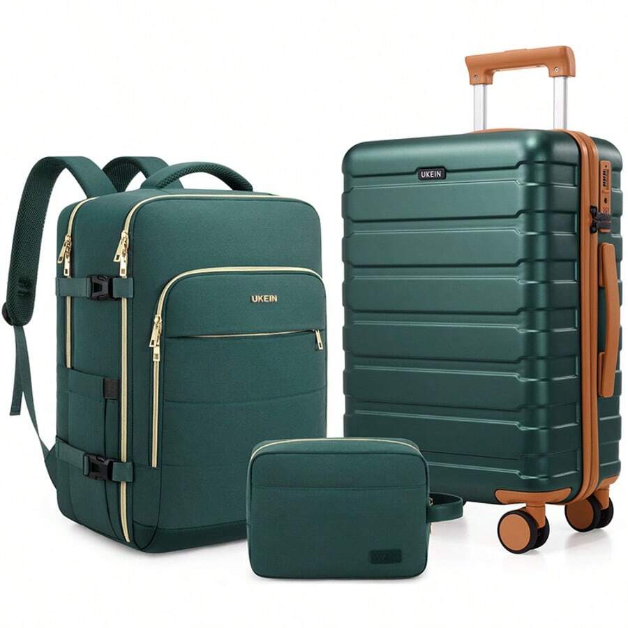 UKEIN Luggage Set, PC Hardshell 20inch Carry On Luggage Set With Spinner Wheels, TSA Lock, Suitcase With Travel Backpack & 1Packing Cubes (Black, 1 Piece Set(20IN) - Green - View 1