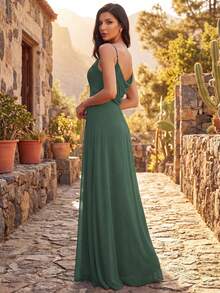 EVERPRETTY Olive Green Chiffon Spaghetti Strap Backless Bridesmaid Dress, Elegant Wedding Guest Dress, Spring - Olive Green - View 9