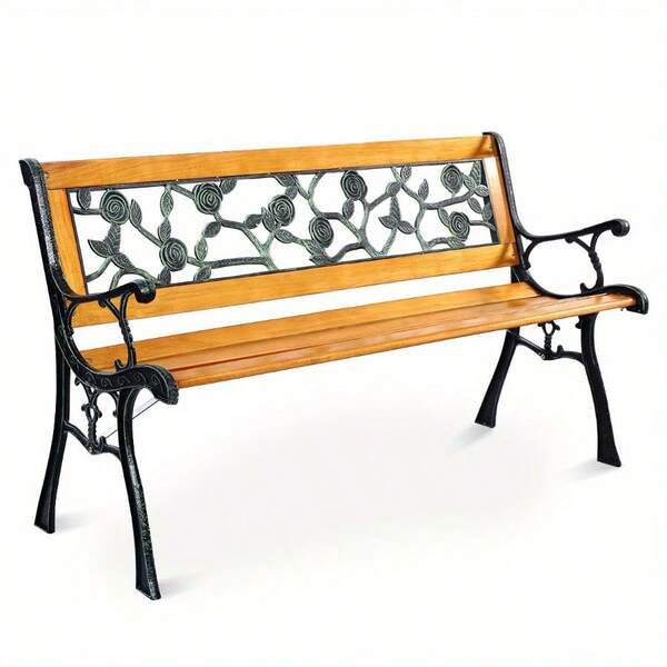 Multigot 49 1/2" Patio Park Garden Porch Chair Bench Cast Iron Hardwood Rose