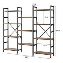 Estanterías de tres y cuatro niveles con 11 estantes abiertos, amplias librerías adecuadas para uso doméstico y de oficina, acabado marrón vintage. - 63 x 9,5 x 54,6 pulgadas - Ver 5