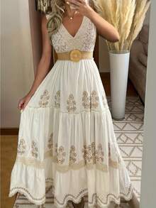 Printed Women's Seven-Quarter-Sleeved Dress, Dinner Party Vacation  Dress, Lace Splicing Elegant Beach Princess Dress, Three-Quarter-Sleeved Long Dress - Màu be - Xem 1