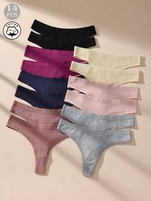14pcs/Set Solid Color Low Waist Seamless Cotton Thong Panties, Soft & Comfortable Women's Underwear - Multicolor - View 5