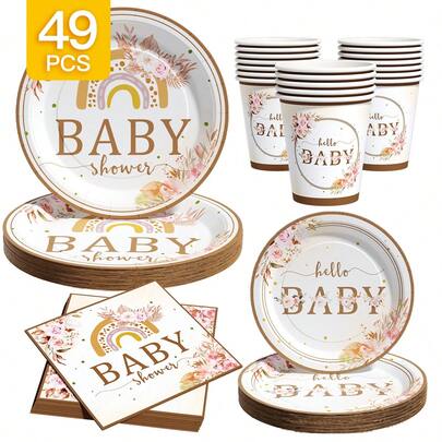 Floral Rainbow Baby Disposable Plate, Napkin, Cup Set, Plates, Napkins And Cups Party Supplies, Serves 8 Guests, Disposable Paper Plates Party Tableware Suitable For Birthday, Wedding, Theme Party, Family Picnic