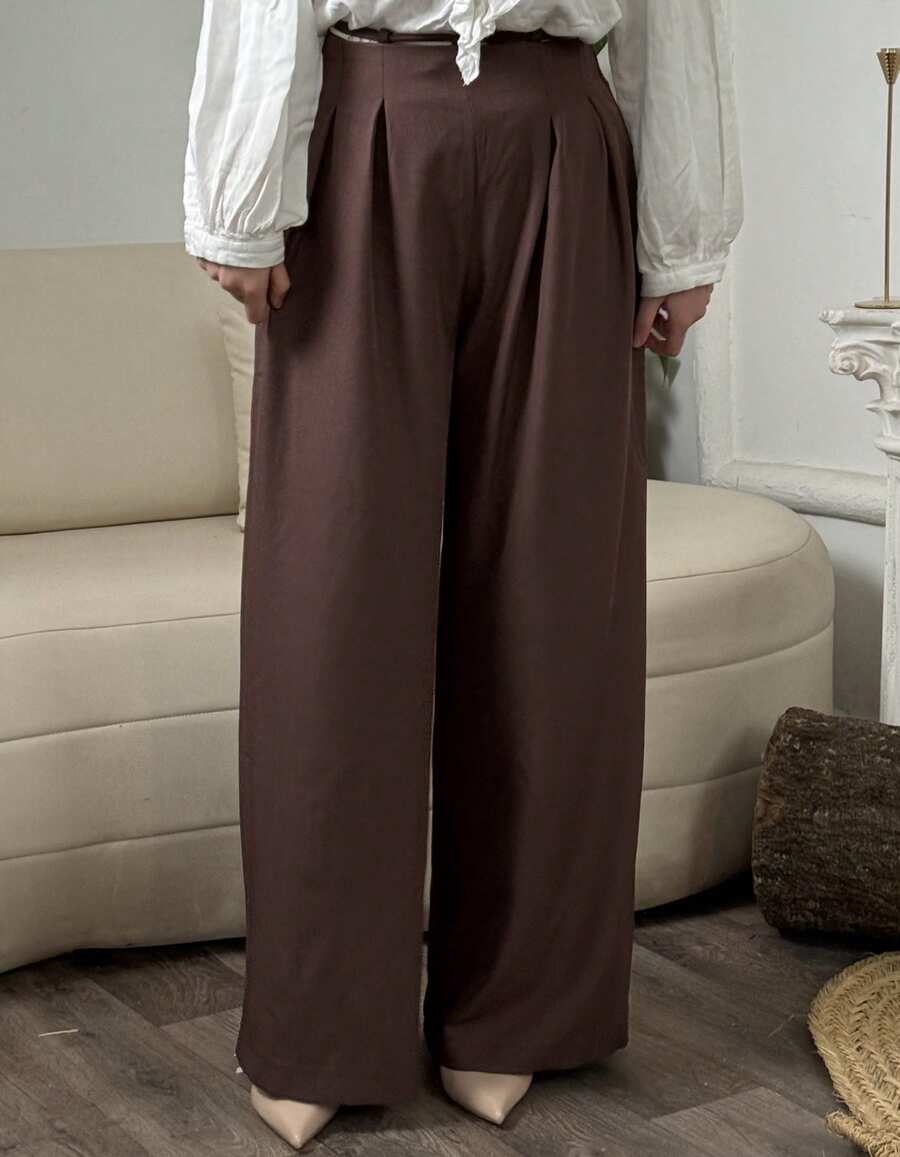 DAZY Pantalones anchos y sueltos de unicolor casual para mujer con cordón y cremallera, para otoño - Café integral - Ver 1