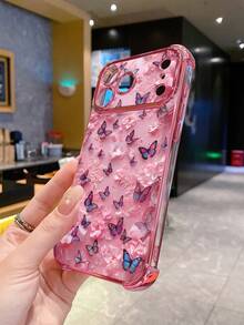 1pc Floral Butterfly Anti-Fall Electroplated Camera Protective Phone Case, UV Printed Compatible With IPhone/ Galaxy/Infinix/Compatible With Redmi/OPPO/VIVO/Realme - Pink - View 3