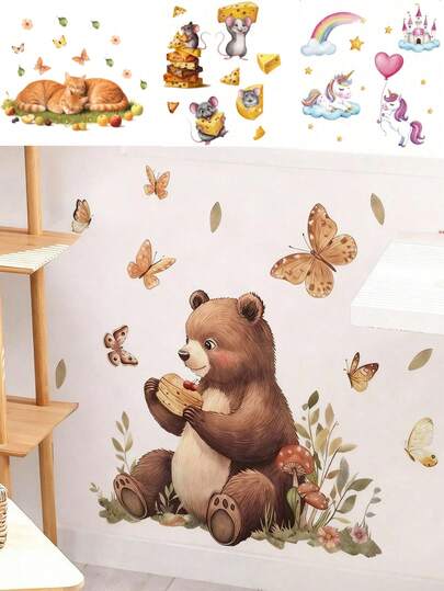 1张/2张壁纸 - [熊、猫、老鼠、独角兽] 男孩儿童房装饰 家居自粘婴儿房装饰 女孩房装饰壁纸 可移除墙贴 适用于客厅、女孩卧室墙面装饰、窗户贴纸 - 可爱创意墙面艺术 儿童房装饰 卧室装饰