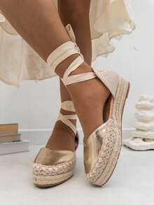 VIKIVIKI SHOES Women's Flat Espadrilles With Ankle Laces, Elegant Y2K Style Summer Sandal, Non-Slip Jute Sole, Breathable And Comfortable Design, Ideal For Holidays, Beach, Daily Walks And Casual Chic Summer Outfits - 金色 - 查看 6