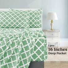 Lux Decor 4 Pieces Quatrefoil Bed Sheets - Stylish Comfy Bedding Set - Hotel Luxury Skin Friendly Cooling Sheets & Pillowcases Without Filler - Classic Collection With 16 Inches Deep Pocket - Shrinkage & Fade Resistant, Valentine's Day Bedroom, Spring Bedding Refresh, Guest Room Essentials, Dorm Room Bedding, Premium Bed Linens, Easy Care Sheets, Hypoallergenic Fabric, Year-Round Comfort, Master Bedroom Update, Matching Bedding Set, Hotel Quality Linens - 鼠尾草和白色 - 查看 4