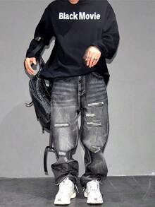 男士复古水洗做旧直筒牛仔裤，宽松版型 - 黑色 - 查看 3