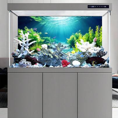 阳光沙滩海藻，水族箱背景画，水族箱背景贴纸，水族箱背景板，模拟岩石/海底/珊瑚礁图案，正面自粘，自粘背景画，沉浸式造景，海洋世界水族箱背景画，瞬间提升水族箱的层次感和深度，一次性更换，背景装饰可美化您的水族箱环境，是水族爱好者的理想之选。