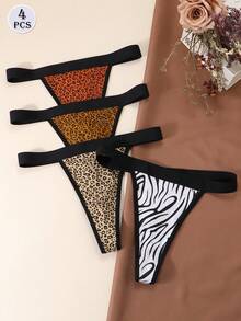 4pcs/Set Women's Sexy Low Waist Cotton Printed Thong Panties - Multicolor - View 3