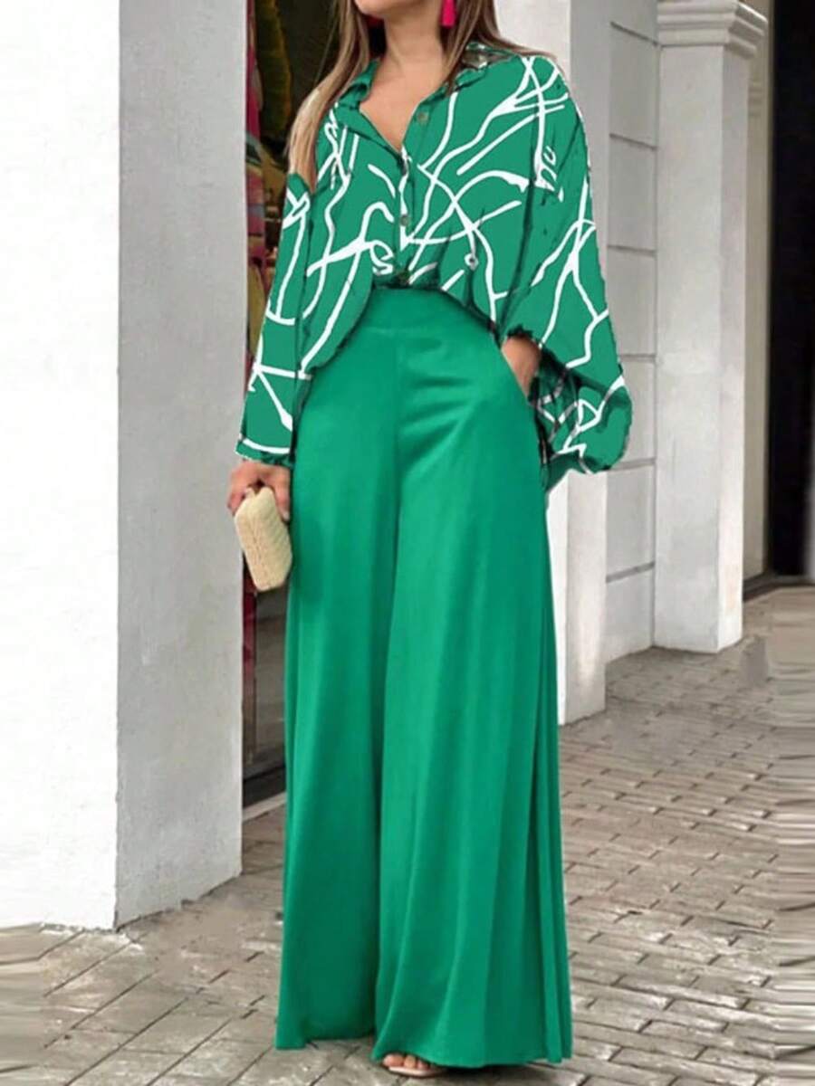 Ropa de mujer 2026 camisa impresa manga larga INS estilo pantalones largos moda invierno con traje - Verde claro - Ver 1