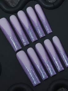 CrystalHola Valentine's Day : 10 Handmade Press-On Nail Stickers, French Square Long Nails, Purple Nail Surface With Purple Glitter, Simple And Classic, Full Coverage, Removable And Reusable, Long-Lasting And Durable, Unique Summer Nail Art, A Stylish Necklace Essential For Parties And Weddings. Nail Supplies - Multicolor - View 10