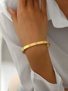 1 pieza Pulsera de acero inoxidable con elemento de trébol de lujo con diamante de imitación, joyería de mujer elegante y exquisita - Plateado - Ver 1