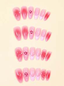 24pcs Press On Fake Nails French 3D Flowers,Pink Nails,Art Perfect For Everyday Wear - Multicolor - View 3