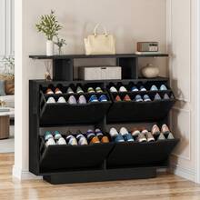 BALCONERA Schmaler Hochglanz Schuhschrank Weiß mit 4 Klappen & Schuhkipper, 120x24x106 cm (16-24 Paar), unterschiedliche Fachhöhen 37/43 cm für Flur - Schwarz - Übersicht 2
