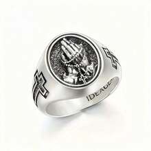 Vintage Style Carved Prayer Text Ring, Men's Platinum Plated Punk Biker Ring - Silver - View 9