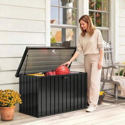 Outsunny 400L Garden Storage Box, Waterproof Metal Outdoor Storage Box With Lockable Lid, Storage Container Furniture Terrace Box, 124 X 66 X 72 Cm, Black