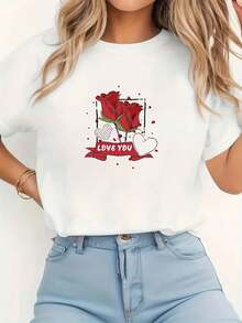 Camiseta casual de cuello redondo para mujer, con diseño de rosa y corazón con la frase "LOVE YOU" para el Día de San Valentín.Tejido elástico, lavable a máquina, regalo ideal para amigas. - [Blanco] - Ver 6
