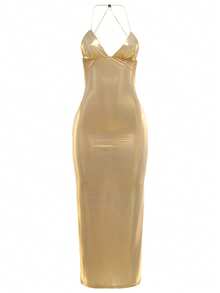 优雅性感纯色吊带深V露背蝴蝶结修身针织沙滩派对晚礼服婚礼春季 - 金色 - 查看 10