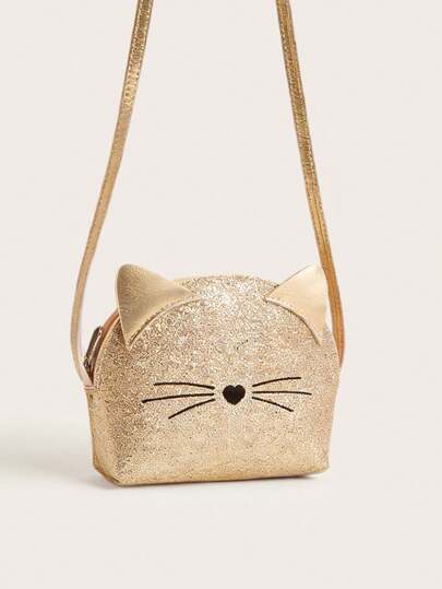 1pc Girls Cute Kitten Pattern Glitter Mini Half-Circle Crossbody Bag, Suitable For Daily Use As Gift