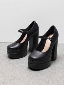 Women's Mary Jane Platform Chunky High Heels Pumps  Square Toe Solid Color Weddings Banquets Fashionable Y2K Shoes - màu đen - Xem 2
