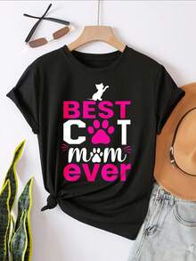Best Cat Mom Ever Graphic T-Shirt For Women, Oversized Crewneck Tees Casual Wear, Spring Cotton Tops Short Sleeve, Summer Basic Tees, Funny Clothes For Women - 黑色 - 查看 2