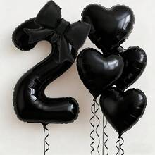 6 pièces Ensemble de ballons noirs en forme de numéros et de cœurs, comprenant des ballons de 0 à 9 avec décoration de nœud et ballons en forme de cœur assortis - Convient pour la décoration de fête d'anniversaire, mariage, anniversaire, Saint-Valentin - Fournitures de fête noires convenant pour un baptême, une fête d'anniversaire 1er/2e/3e/4e/5e/6e, ballons numérotés - Noir - Voir 16