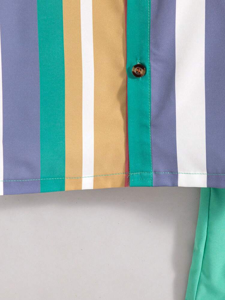 2pcs/Set Boys' Casual Outdoor Fashion Rainbow Stripe Print Decor Button Collar Drop Shoulder Short Sleeve Top And Solid Color Faux Drawstring Shorts, Spring/Summer - Green - View 8