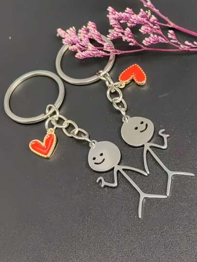2 pezzi/set Portachiavi a tema di coppia con uomo fiammifero e cuore, perfetti come portachiavi, ciondoli per zaino, portachiavi per auto, decorazioni per borse, regalo ideale per coppie per San Valentino