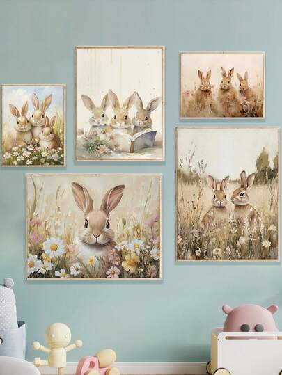 1pc Canvas Wall Art - Baby Decor - Easter Art, Vintage Easter Bunny Wall Hanging, Retro Easter Bunny Design: Spring Wildflower Meadow Easter Bunny Painting In A Wildflower Field, Easter Farmhouse Decor, Framed Nursery Wall Art Perfect For Playroom Decor Nursery Decor, Childcare Room Decor