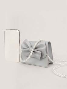 1pc Girls' Cute Mini Dual-Fabric Bow Handbag, Suitable For Daily Outfits - Silver - View 5