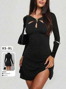 性感褶皱前开衩A字长袖迷你连衣裙，秋季新品 - 黑色 - 查看 1