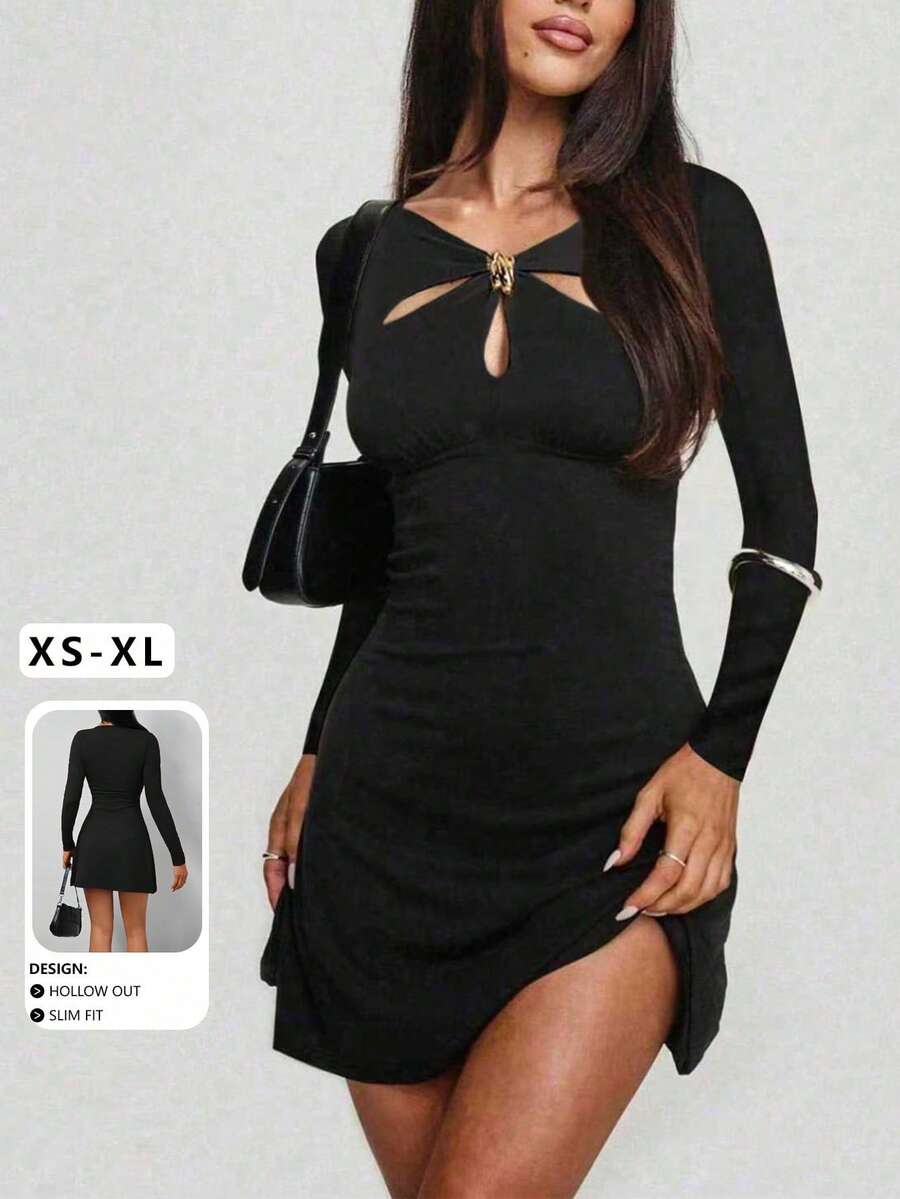 性感褶皱前开衩A字长袖迷你连衣裙，秋季新品 - 黑色 - 查看 1