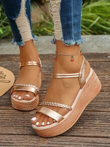 1 đôi sandal đế cao mùa hè dành cho tuổi teen, kiểu dáng tối giản thời trang, màu trơn, bề mặt bóng, đế dày, thoải mái, thích hợp cho đi làm hàng ngày, đi nghỉ mát, đi biển, sandal cao gót nhẹ. - Vàng - Xem 5