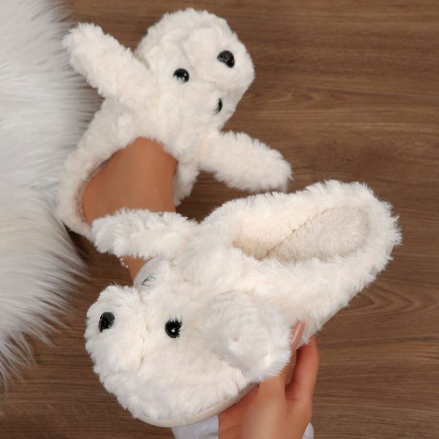 Winter Indoor Warm Slippers For Women Cute Cartoon Dog Plush Slides Memory Foam Fall Bedroom House Shoes - trắng - Xem 1