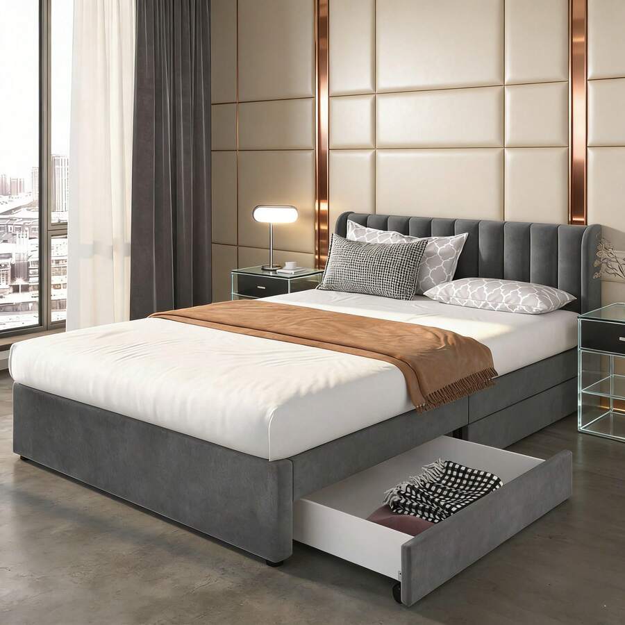 Bed Bases & Foundations - Gray + Velvet + 160cm*200cm - View 1