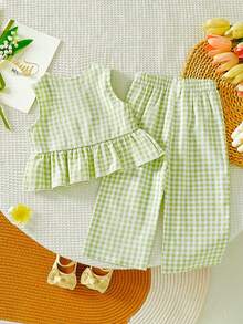 HAO6 2pcs/Set Newborn Baby Girl Casual Plaid Floral Print Round Neck Top And Matching Pants, Vacation Style Outfit, Gift For Babies 0-3 Years Old - Green - View 3