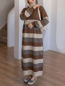 Livesso 女士宽松条纹高领长款毛衣连衣裙，休闲日常穿着，秋冬度假款 - 咖啡棕 - 查看 2